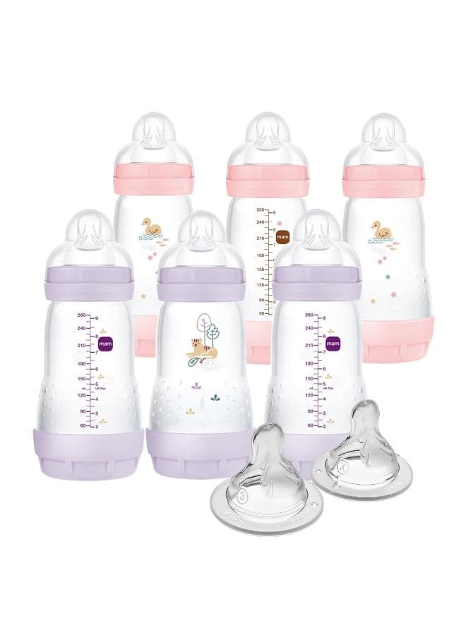MAM 9oz Easy Start Anti-Colic Baby Bottles, Medium Flow with 2X Bonus Nipples (Fast and Extra Fast Flow), Reduces Colic, Gas, & Reflux, Easy-to-Clean, BPA-Free, 2 Plus Months