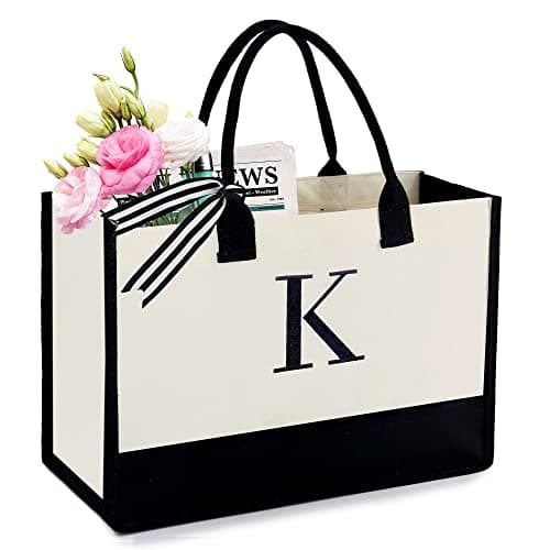 BeeGreen Monogram Canvas Tote Bag Initial Embroidery Personalized Gifts Bags for Birthday Beach Work Wedding Gift Basket for Women Teacher Mom Friend Coworkers Sister Nurse Cute Totes Cool (Letter K)