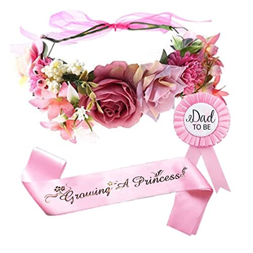 Ulfanit Girls Baby Shower Decoration - Adjustable Flower Crown Tiara and Growing A Princess Sash, Daddy Pin, Pink Party Gift Favors for Expectant Mom Dad Parents