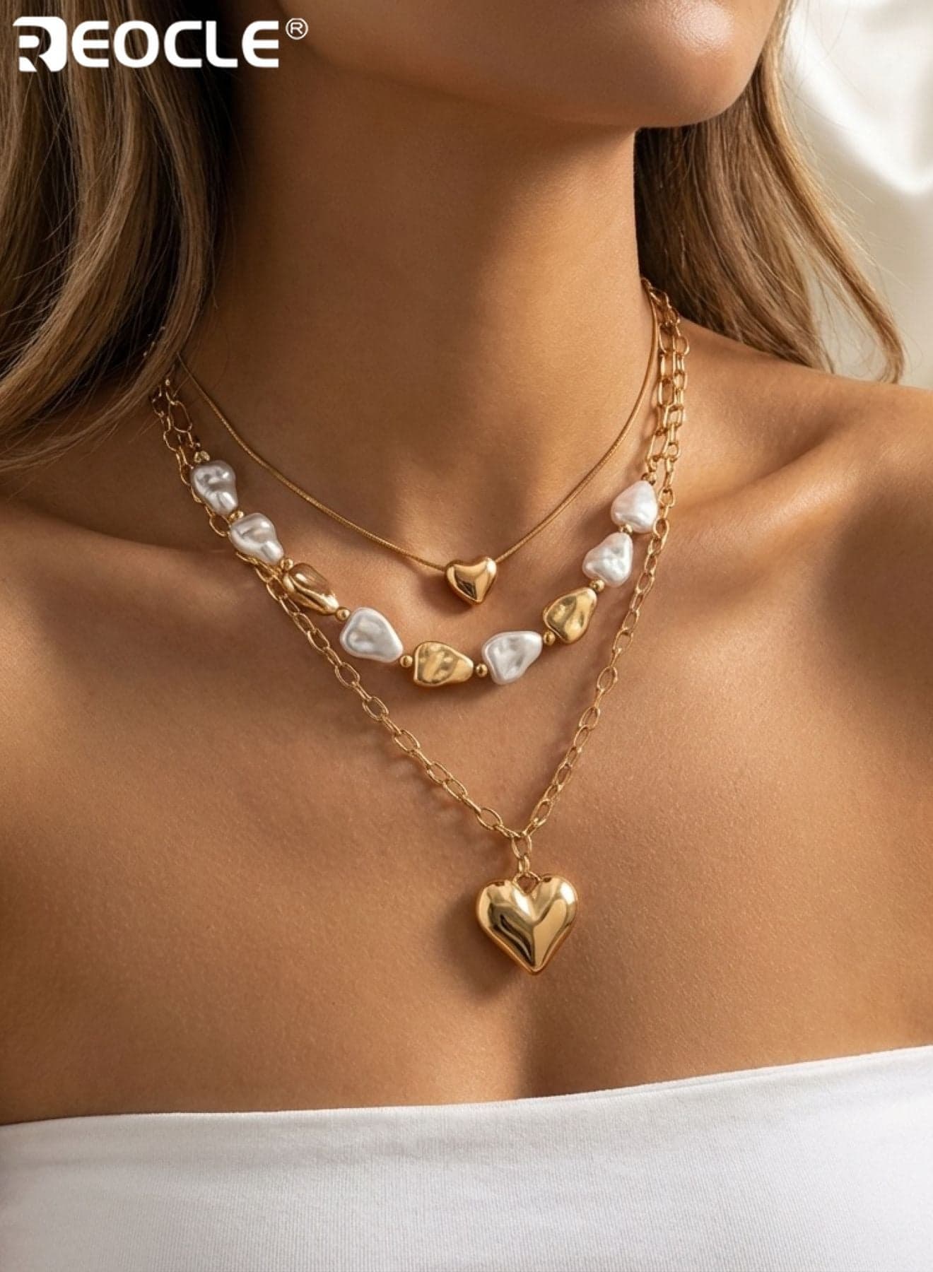 Women's Necklace Three-Layered Heart Pendant & Baroque Pearl Necklace Set Organic Shape Metal Charms Adjustable Stackable Multi-Strand Jewelry for Daily and Special Occasions