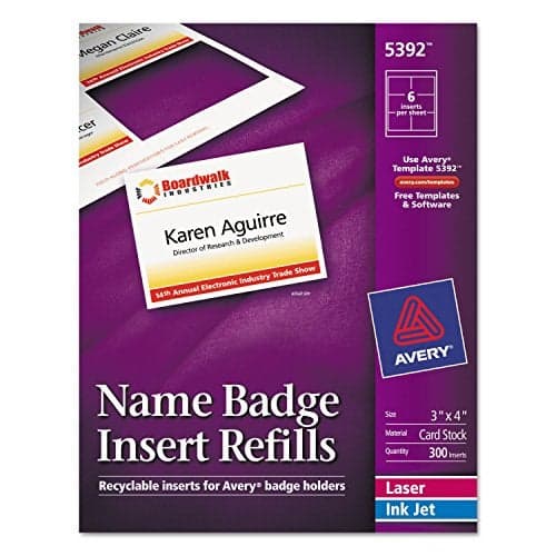 Avery Printable Laser/Inkjet Name Badge Insert Refills, 3" x 4", White, 300 Inserts Per Box (5392)
