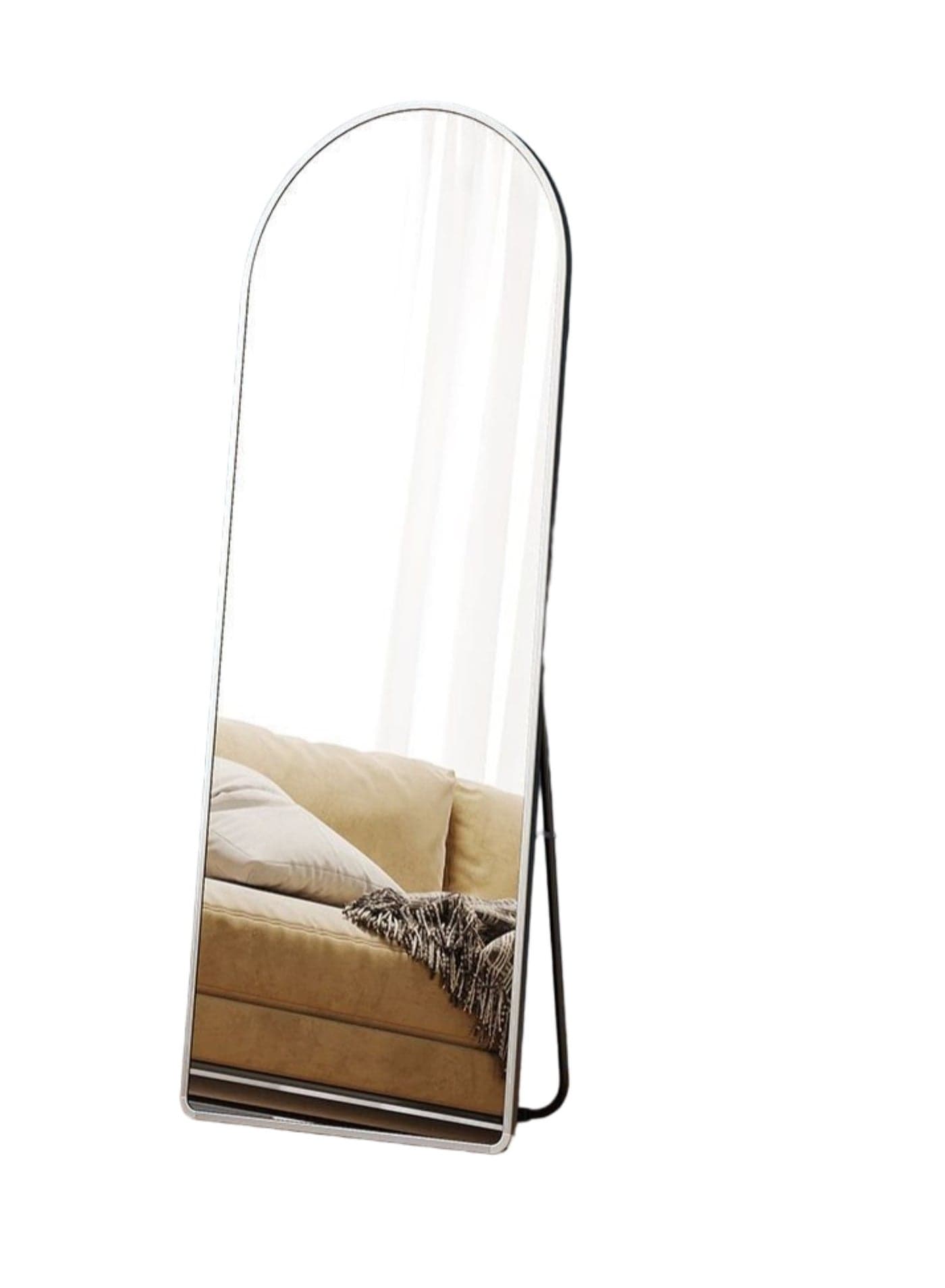 Arched Floor Mirror With Stand and Aluminum Alloy Frame, Silver, 147x37 cm