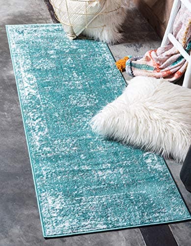 Unique Loom Sofia Collection Area Rug - Casino (2' x 13' 1" Runner Turquoise/Ivory)