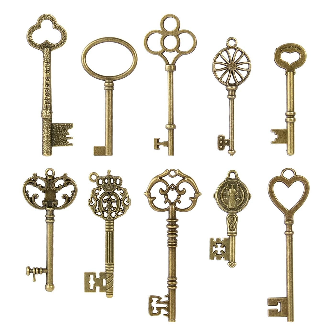 CHuangQi Vintage Skeleton Keys Set, Filigree Steampunk Keys, Antique Bronze Keys Charms Pendants, Double-sided, No Repetition (Pack of 10)