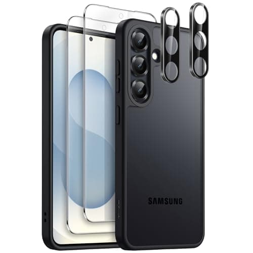 JETech Matte Case for Samsung Galaxy S25 5G with 2Pack Each Screen Protector and Camera Lens Protector 5 in 1 Translucent Back Phone Cover Tempered Glass Film Black
