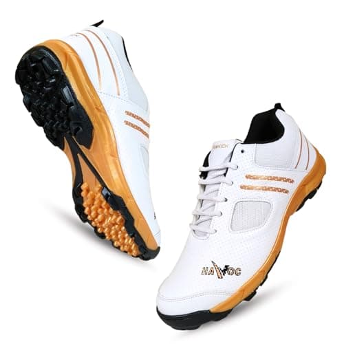 Prokick Havoc Cricket Shoes for Men and Women|Lightweight & Durable Cricket Shoes|PVC Studs Spikes Sports Shoe for Unisex|Synthetic Leather Upper Sports Shoes|EVA Sockliner, WHITE/GOLD/BLACK-11 UK