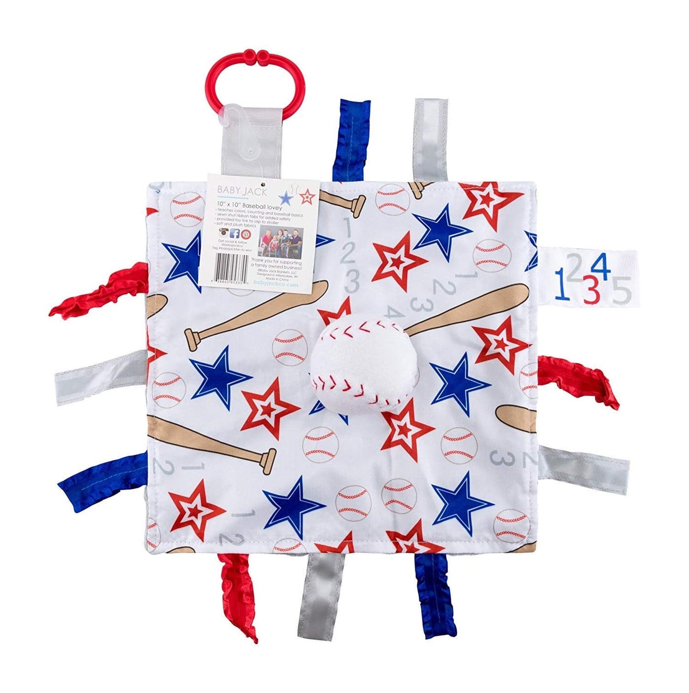 Baby Jack Co Sensory Educational Closed Ribbon Tag Lovey Blanket with Security Plush 10X10 Baseball
