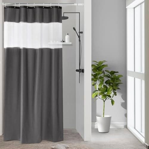 UFRIDAY Dark Gray Shower Curtain with White Mesh Window, Fabric Bathroom Shower Curtain with Weighted Bottom Hem, 48 x 72 inch, Waterproof