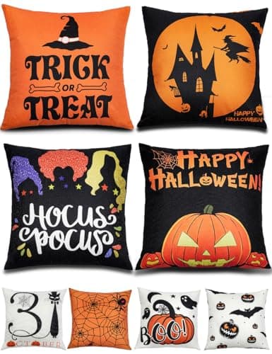 TOYPOPOR Halloween Decorations Double-Side Printing Pillow Covers 18'' x 18'' Set of 4, with 8 Cute Halloween Decor Patterns, Invisible Zipper, Durable Soft Linen Throw Pillow Covers Outdoor Indoor