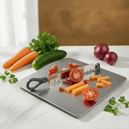 Touchcart Cut N Chop 2-in-1 Stainless Steel Kitchen Cutter & Chopping Board | Multi-Blade Vegetable & Herb Chopper | Heavy Duty Rustproof Salad Cutter & Food Preparation Tool for Home Kitchen