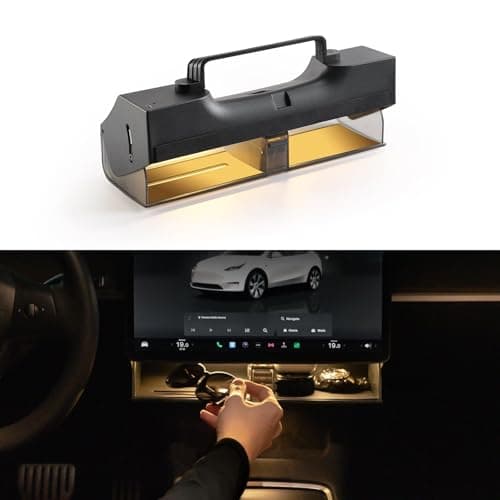 TPARTS Hidden Magnetic Under Screen Storage Box for Tesla Model 3Y with OpenClose Design Center Console Organizer Dashboard Vehicle Tissue Holder with Smart Warm White Light