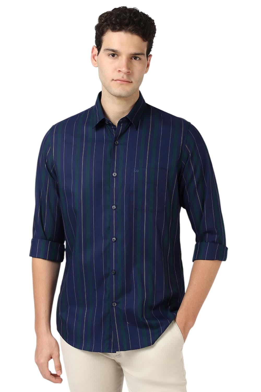 Peter England Men Navy Slim Fit Stripe Shirt