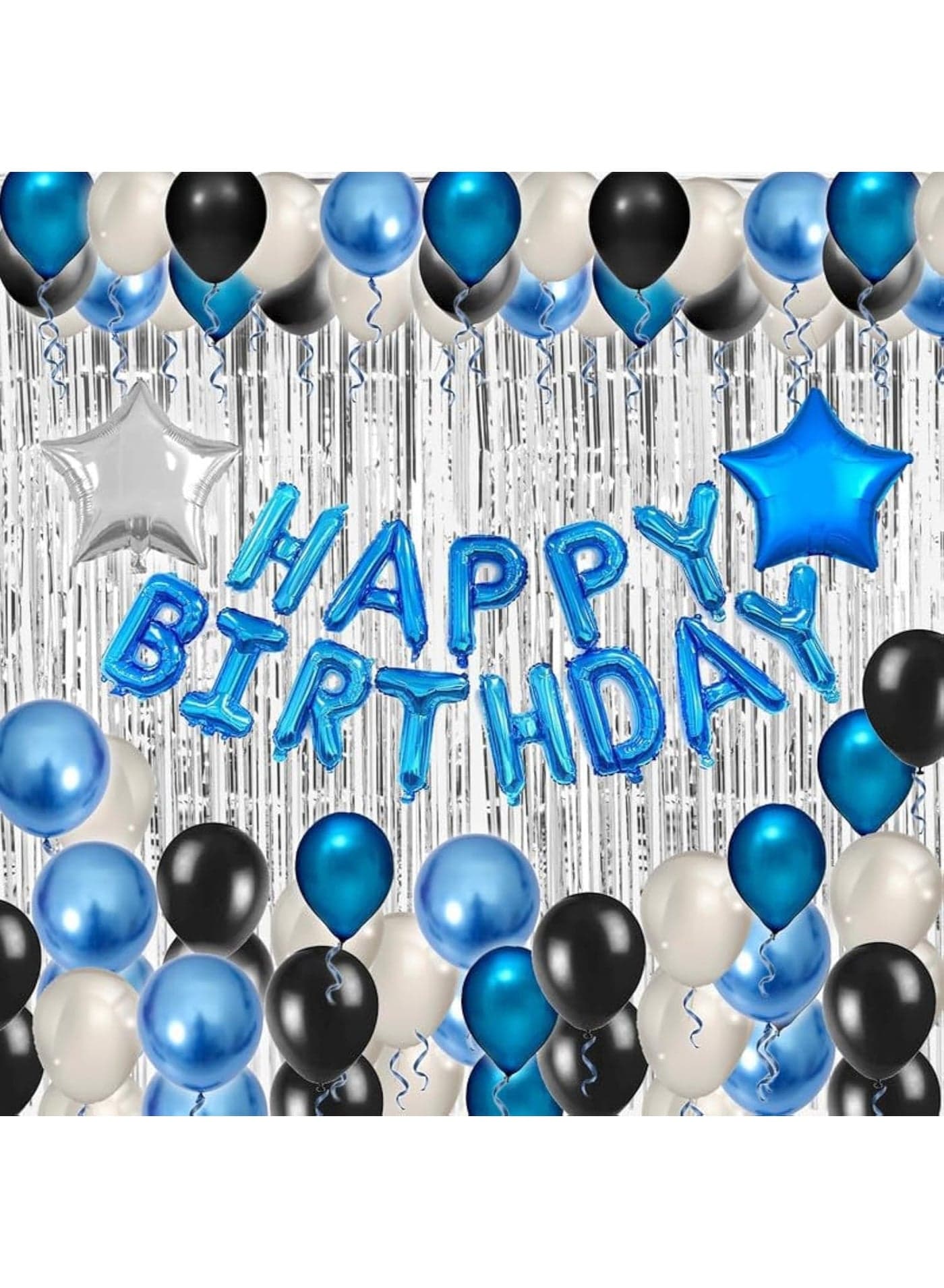Blue Black Birthday Party Decorations Kit for Men 49 Pieces, Happy Birthday Banner, Fringe Curtains, Foil Star & Balloons Party Décor for Men Boys Women Girls Birthday Party Supplies