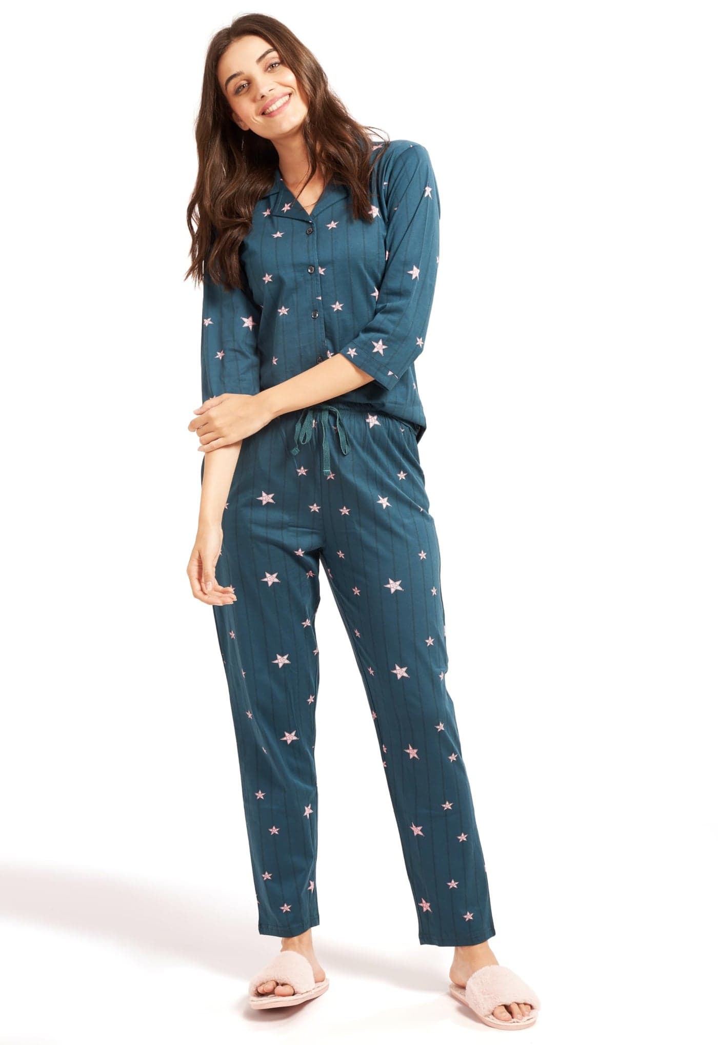AV2 Women's Cotton Stars Printed Night Suit Set of Shirt & Pajama Set | Casual Night Dress for Women Teal Large 4016