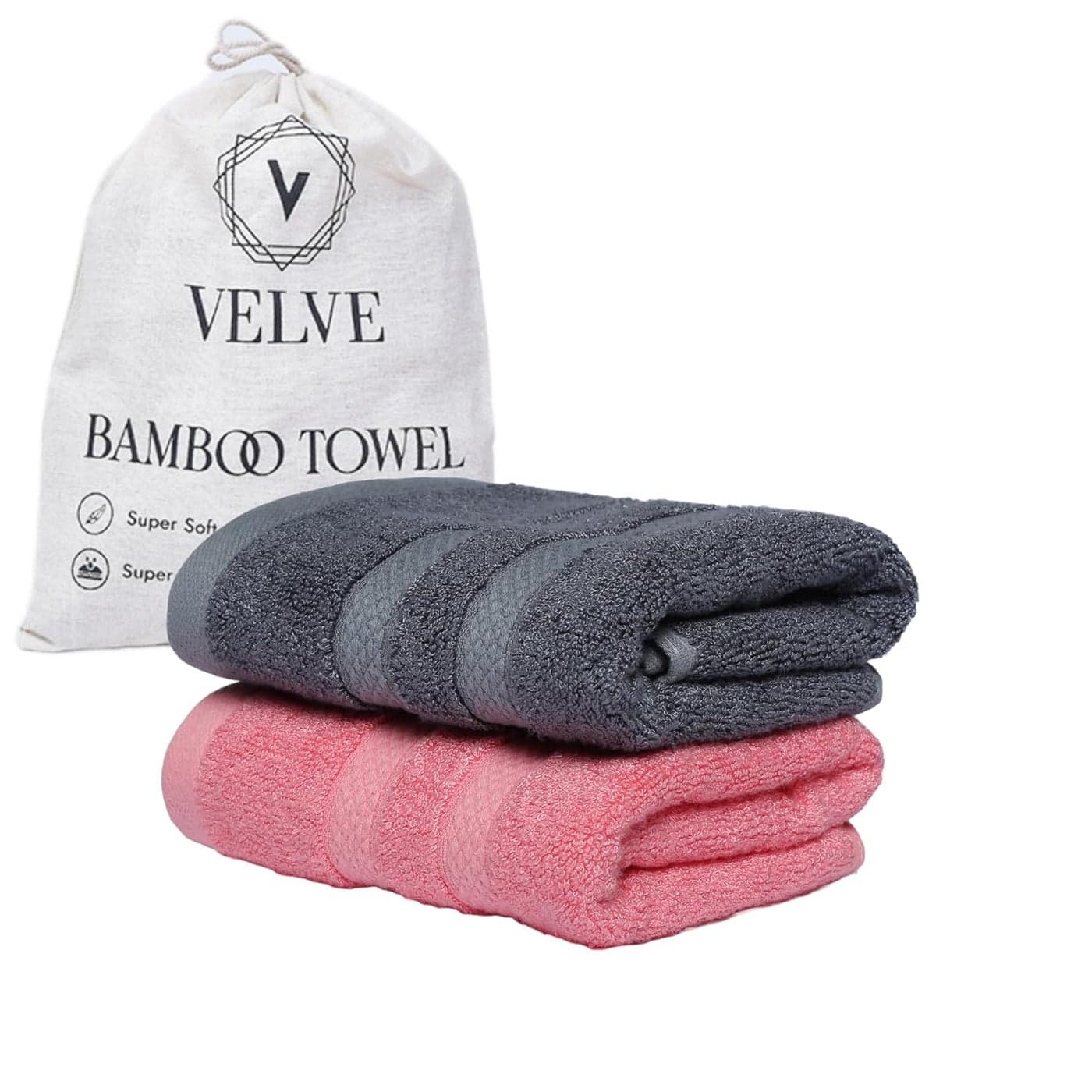 Velve 100 Bamboo Hand Towel 600 GSM Set of 2 Ultra Soft Absorbent Anti Bacterial Towel for Gym Yoga Sports Travel Grey Pink