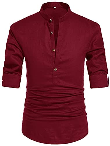 NITAGUT Men Henley Neck Long Sleeve Daily Look Linen Shirts Casual Beach T Shirts Wine Red-US L
