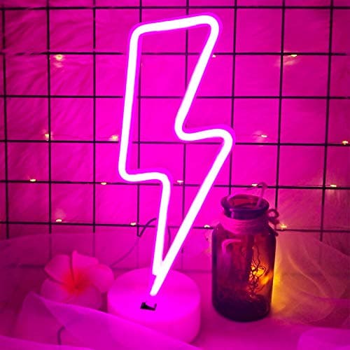 VIFULIN Pink Lightning Bolt Neon Sign, Aesthetic Room Decor for Bedroom, Battery/USB Operated LED Light with Base