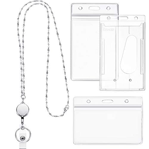 Zonon Retractable Badge Reel Lanyard with ID Holder for Women, Cruise Lanyard Stainless Steel Necklace with 3 Pieces Name Badge Holder Clip for Teacher(Silver)