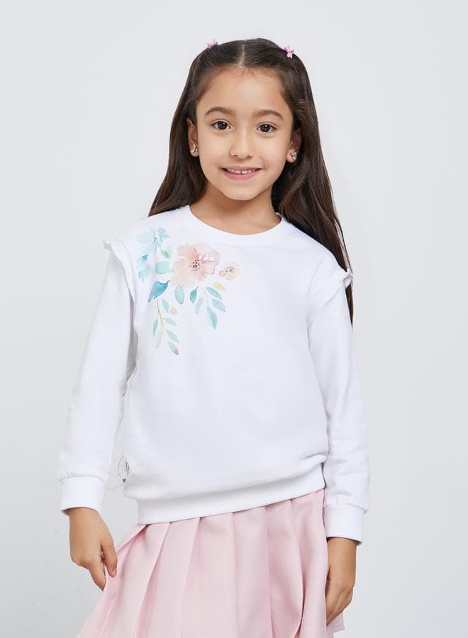 Girls White Floral Print Sweatshirt