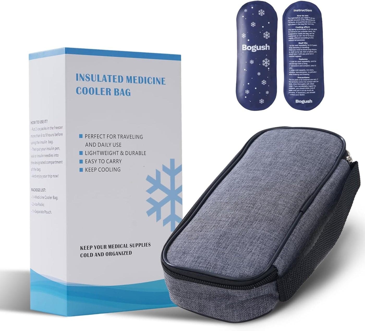 Bogush Insulin Cooler Travel Case with 2 Ice Packs for Insulin Pen Diabetic Medical Cooler Bag Portable Medication Cooler Bag for Insulin Pens and Blood Glucose Monitor Supplie Gray
