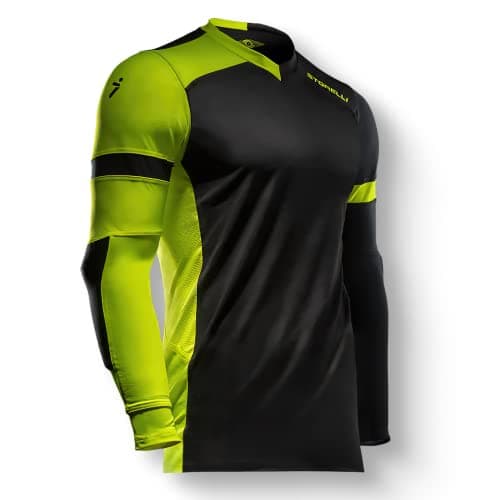 Storelli ExoShield Gladiator Goalkeeper Jersey, High-Impact Protection, Sweat-Wicking, Breathable Athletic Shirt for Soccer & Heavy-Duty Sports, Black/Strike, Youth Small