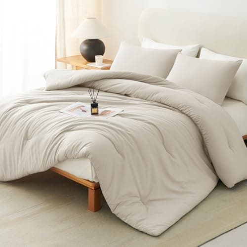 CozyLux Beige Full Size Comforter Set, 3 Pieces Solid Breathable Quilted Style Bedding Sets, Luxury Fluffy Soft Bed Set with Down Alternative Comforter for All Season (1 Comforter & 2 Pillowcases)