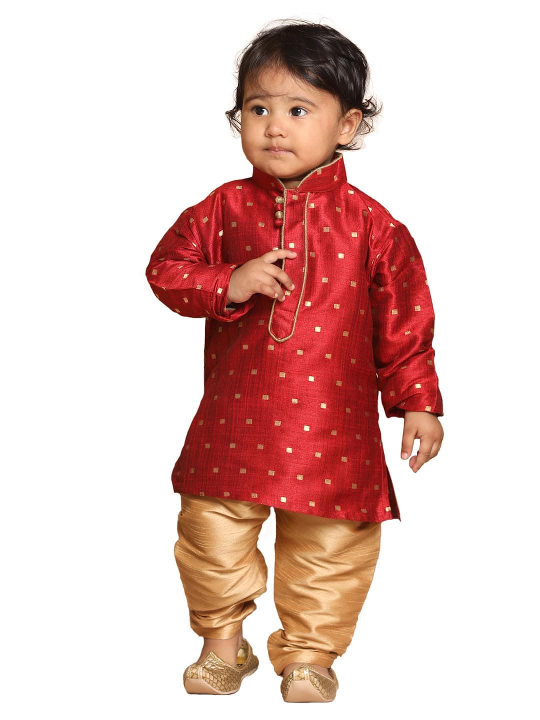 VASTRAMAY Boys’ Infant Maroon and Rose Gold Silk Blend Kurta Pyjama Set_VSHISBK023MAnPRG_14 | Traditional Outfit for Weddings & Festivals