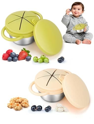 LOTBILL 2 Pack Stainless Steel Snack Cups for Toddlers Spill Proof, Toddler Snack Containers with Spill-Proof Silicone Lids & Handles, Dishwasher Safe Perfect for Mess-Free Snacking (Yellow+ Beige)