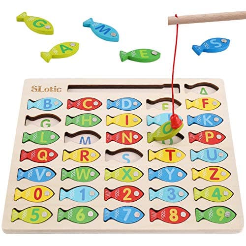 Slotic Magnetic Wooden Fishing Game Toy for Toddlers Alphabet ABC Fish Catching Counting Learning Education Math Preschool Board Games Toys Gifts for 3 4 5 Years Old Girl Boy Kids
