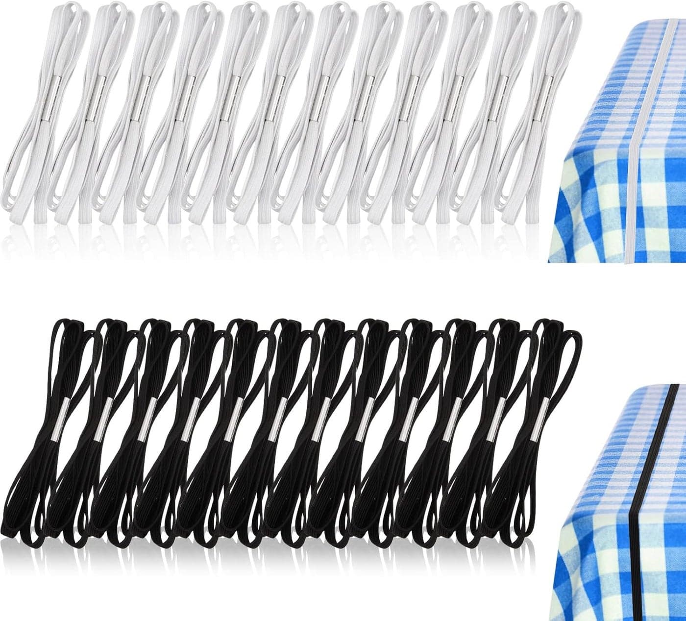 Riakrum Table Bungees Tablecloth Strap Band Tablecloth Bungee Cord to Hold Down Table Cloth for Outdoor Tables Kitchen Tables Picnic Camping Wedding Party White Black24 Pieces