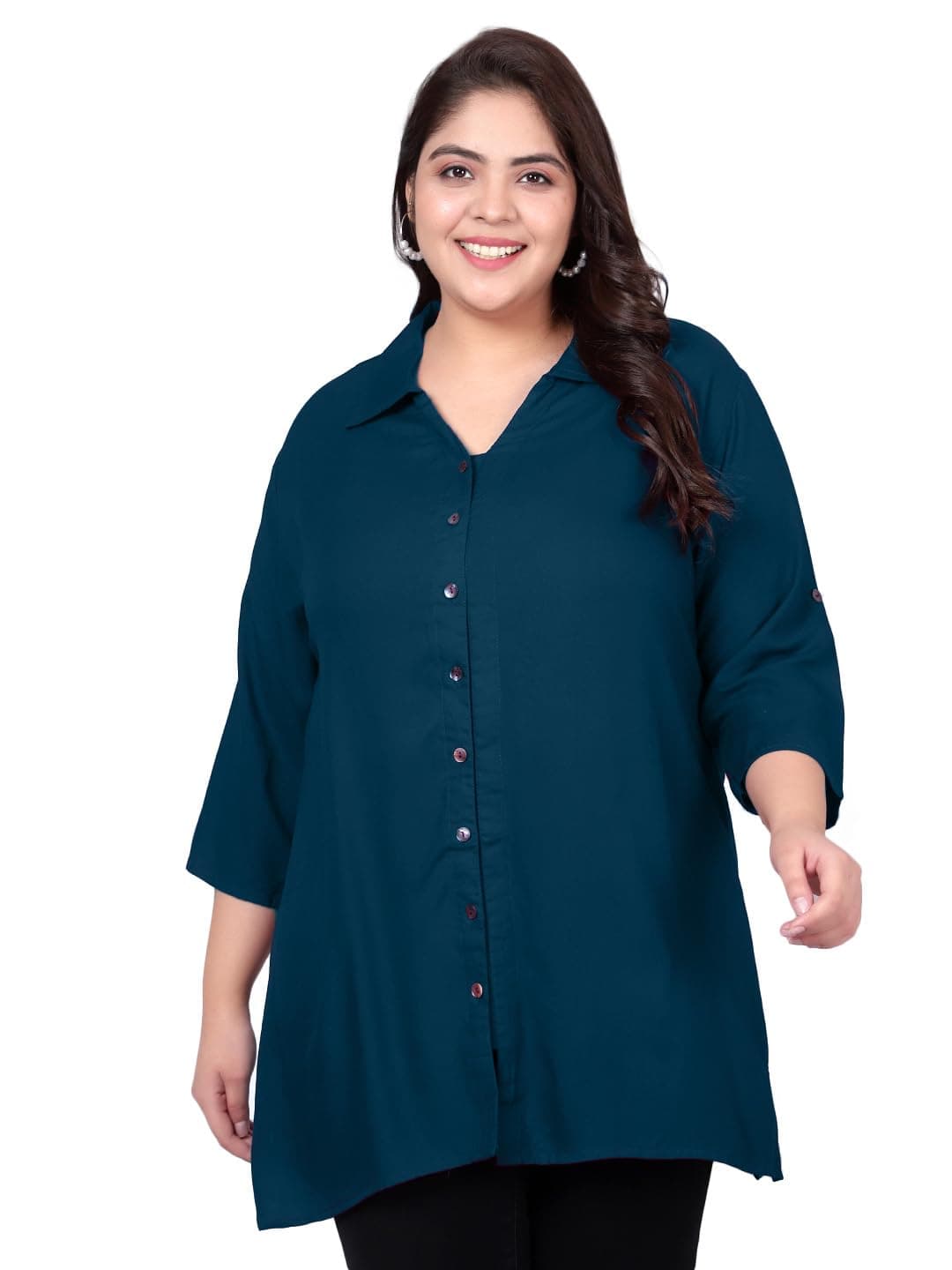 Indietoga Women's Plus Size Solid Rayon Longline Shirt (P10001640_Peacock Blue Solid_2XL)
