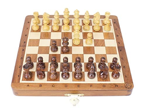 House of Chess 8 Inch Wooden Magnetic Folding Travel Chess Set Board with Algebraic Notation 2 Extra Pawns 2 Extra Queens Handmade Acacia Wood