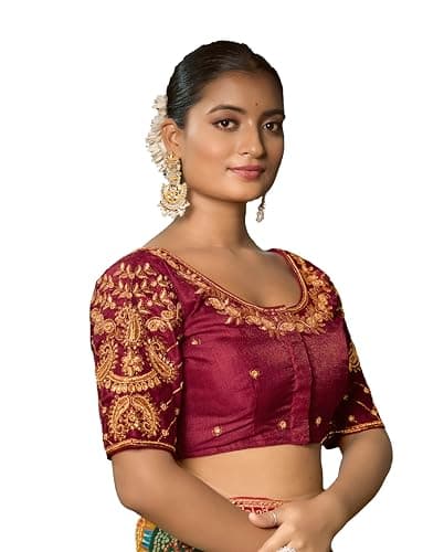 Pujia Mills Women's Readymade Blouse Embroidery Multi Coding Maggam Work Sequence Work Indian Ethnic Designer Stitched Readymade Saree Half Sleeve Maroon Blouse for Women for Saree Lehenga Choli