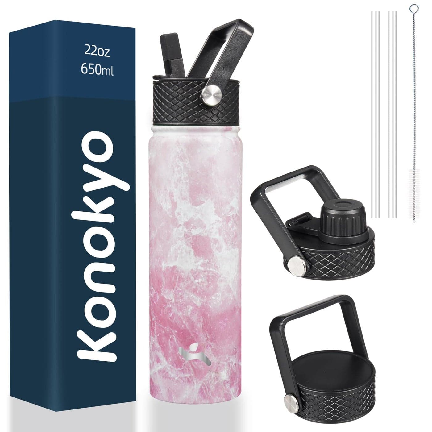 Konokyo 22oz Stainless Steel Bottles with 3 Lids Sport Insulated Water BottleMarble Blossom
