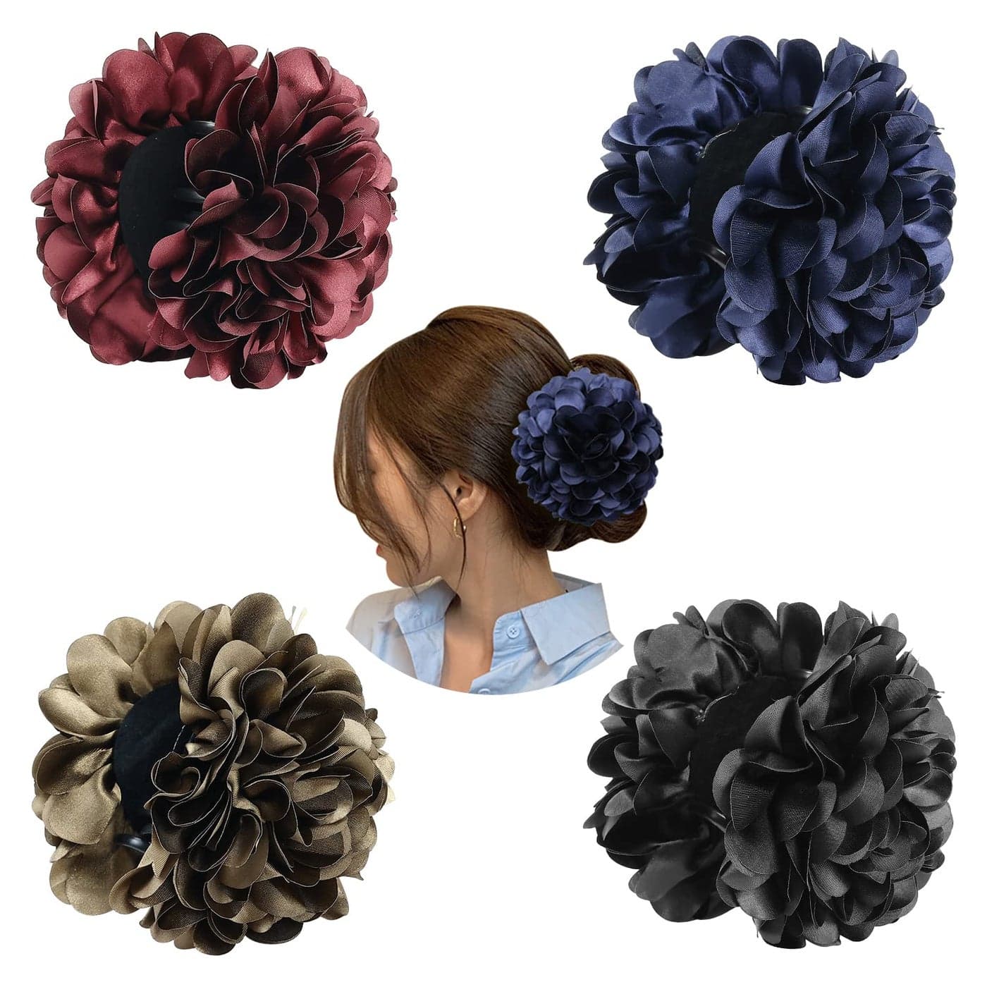 Cinaci 4 Pack Red Navy Blue Black Large Satin Flower Hair Bows Plastic Hair Claws Clips Ribbon Fabric Floral Octopus Jaw Barrettes Clamps Ponytail Buns Holders Thick Hair Accessories for Women Girls