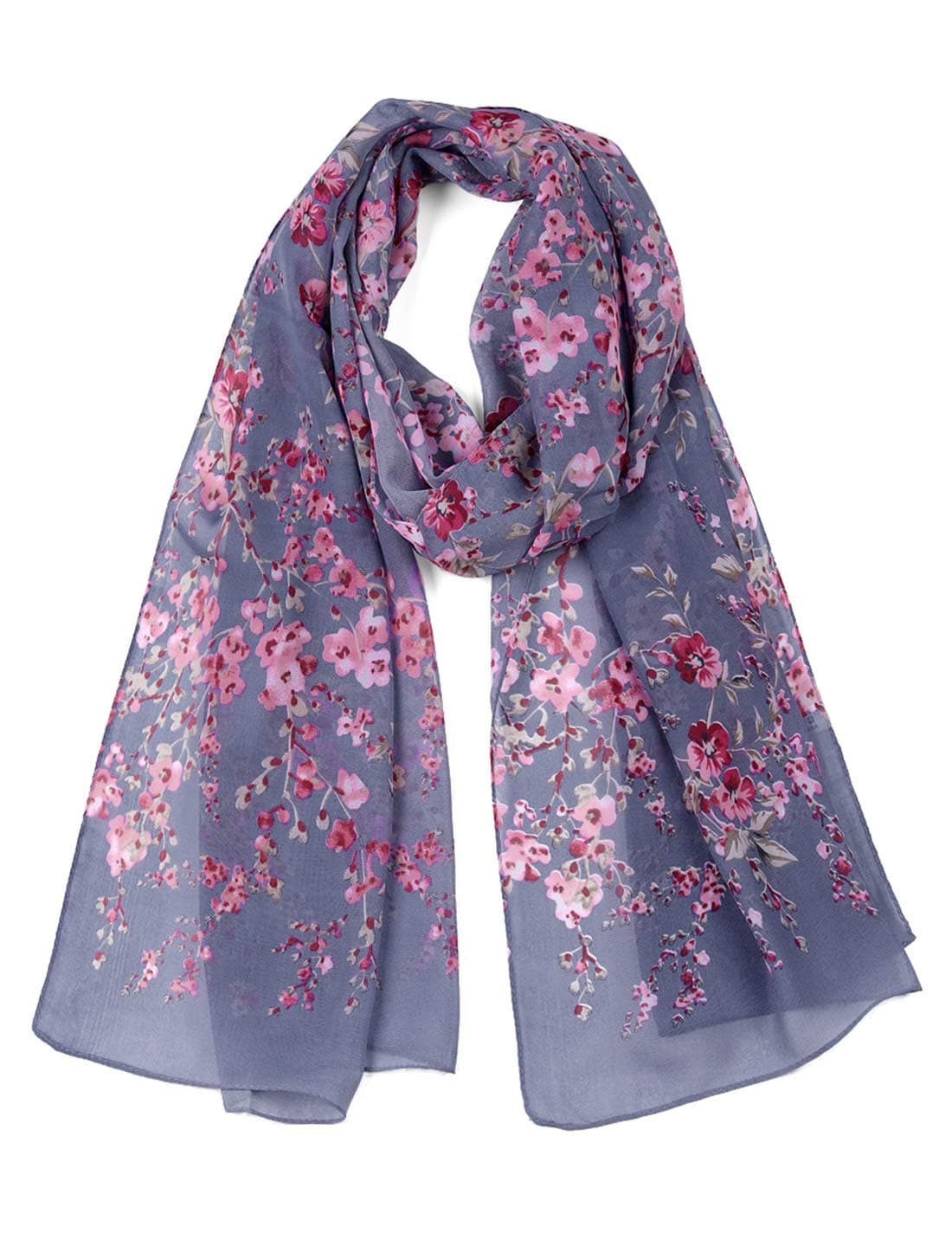 uxcell Long Chiffon Shawls Beach Scarf Silk Scarves Floral Print Scarves for Women Denim Blue 63"x20"