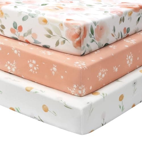 FIEMOL Baby Mini Crib Sheets Girl, Portable 38”x26” Pack and Play Sheets Fitted for Playard and Pack N Play Mattress, 3-Pack Soft Microfiber Orange Watercolor Flower
