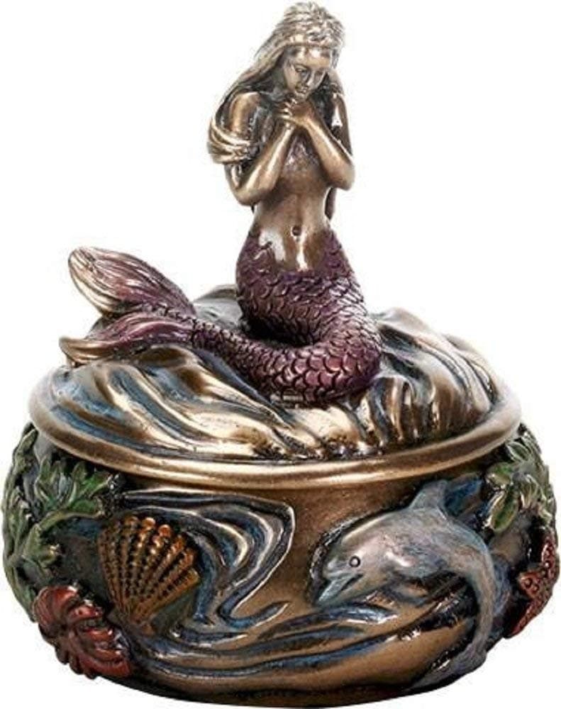 SUMMIT COLLECTION Decorative Art Nouveau Style Sirens of The Sea Mermaid Holding Hand Over Chest Praying Mermaid Fantasy Resin Jewelry Trinket Box 325 Inch Tall Faux Bronze