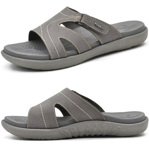 KuaiLu Womens Fashion Orthotic Slides Ladies Lightweight Athletic Yoga Mat Walking Sandals Slip On Thick Cushion Recovery Slippers Sandles Comfortable Plantar Fasciitis Arch Support Grey Size 7.5