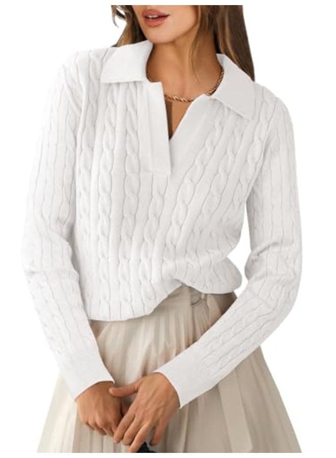 Womens Cable Knit Sweaters Long Sleeve V Neck Sweater Tops Casual Pullover Polo Shirts 2025 Fall Fashion Outfits