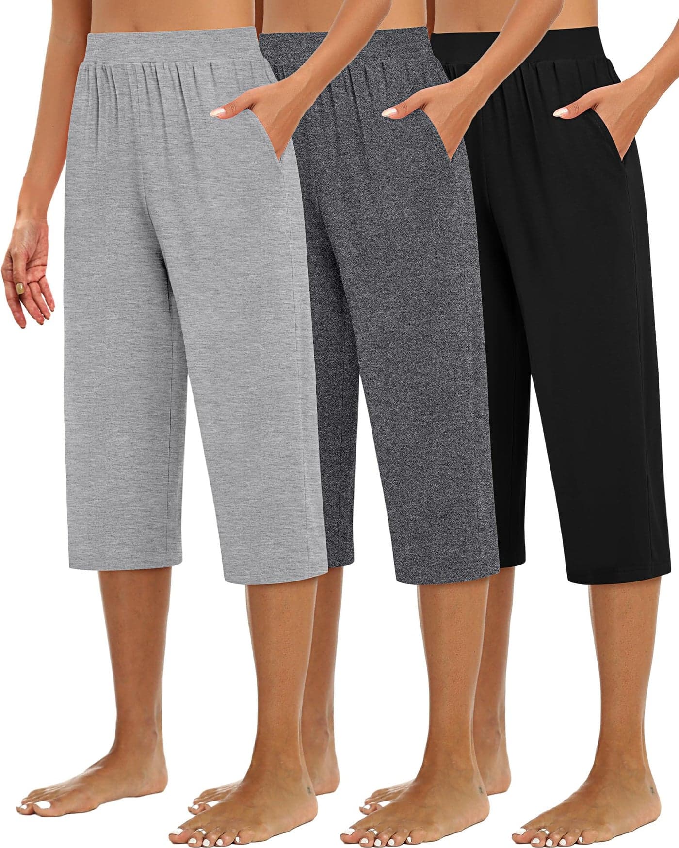 Huukeay 3 Pack Women's Capri Sweatpants, Cozy Wide Legs Cropped Capri with Pockets, Lounge Jogger Pants Workout Yoga Solid(Large,Black, Dark Gray, Light Gray)