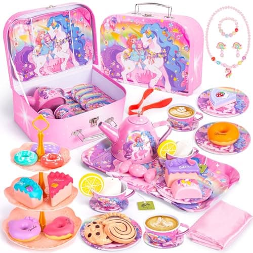 Unicorn Tea Party Set for Little Girls, Toddler Princess Toy Tea Set, Pretend Play Teapot Dessert Tea Cup Set Food Kitchen Playset, Birthday Unicorn Gift for 3 4 5 6 7 8 Year Old Girl