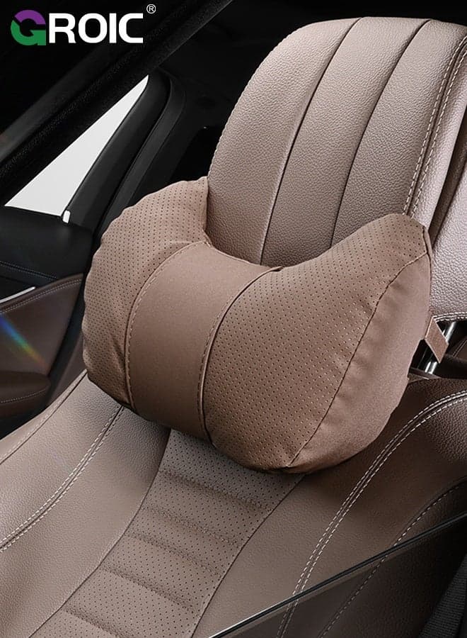 Car Headrest Pillow - Ergonomic Perforated Breathable Leather Neck Support Cushion, Soft Memory Foam Auto Seat Head Rest, Car Neck Pillow for Cars Trucks SUVs (Brown)