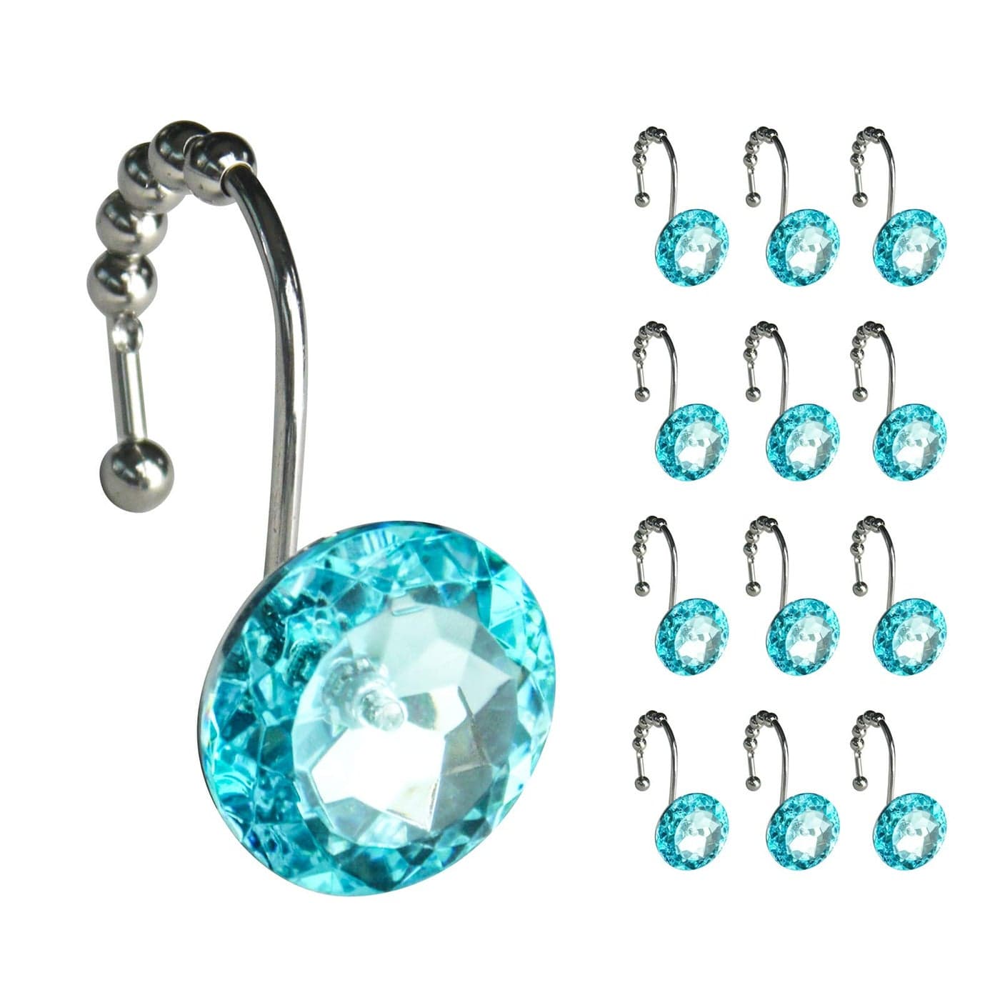 Sunlit Luxury Design Round Teal Blue Diamond Crystal Gem Bling with Glide Balls Shower Curtain Hooks for Mermaid Shower Curtains Rust Proof Metal Rhinestones Glam Shower Curtain Rings12 Pack