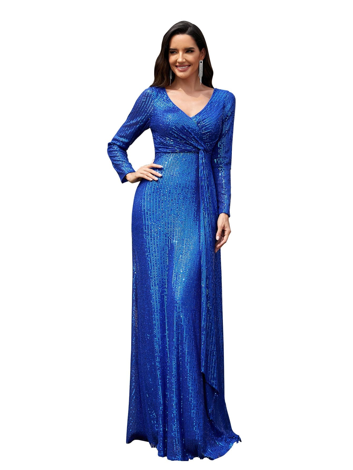 XUIBOL Glitter Sequin Formal Evening Gown Long Sleeve V Neck Wedding Guest Dress for Women Royal Blue XL