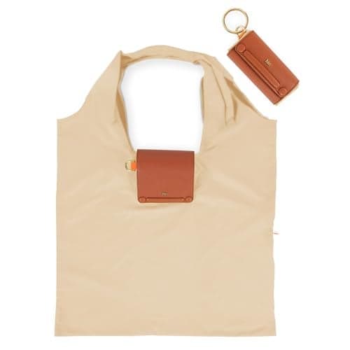 HIE Lepayt Foldable Tote Bag Women’s Lightweight, Compact & Durable Handbag | Eco-Friendly Travel Tote with Detachable Golden Metal Keychain Loop & Vegan Leather Cover. (Caramel Brown)