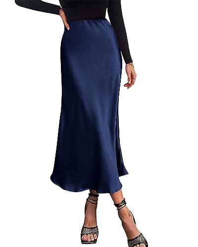 BTFBM 2025 Womens Summer Fall Long Satin Skirt Silk Elegant High Waist Cocktail Party Wedding Flowy A-Line Midi Skirts(Navy, Medium)
