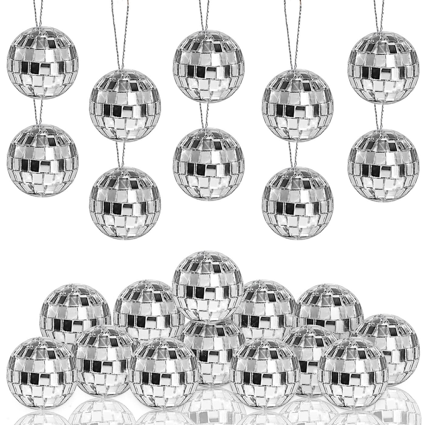 Newmemo Disco Ball 20 Pcs Silver Hanging Mirror Disco Balls Silver Mini Disco Balls Ornaments Reflective Mirror Ball Cake Decoration with Rope Christmas Tree Wedding Party Dance Music Festivals Decor