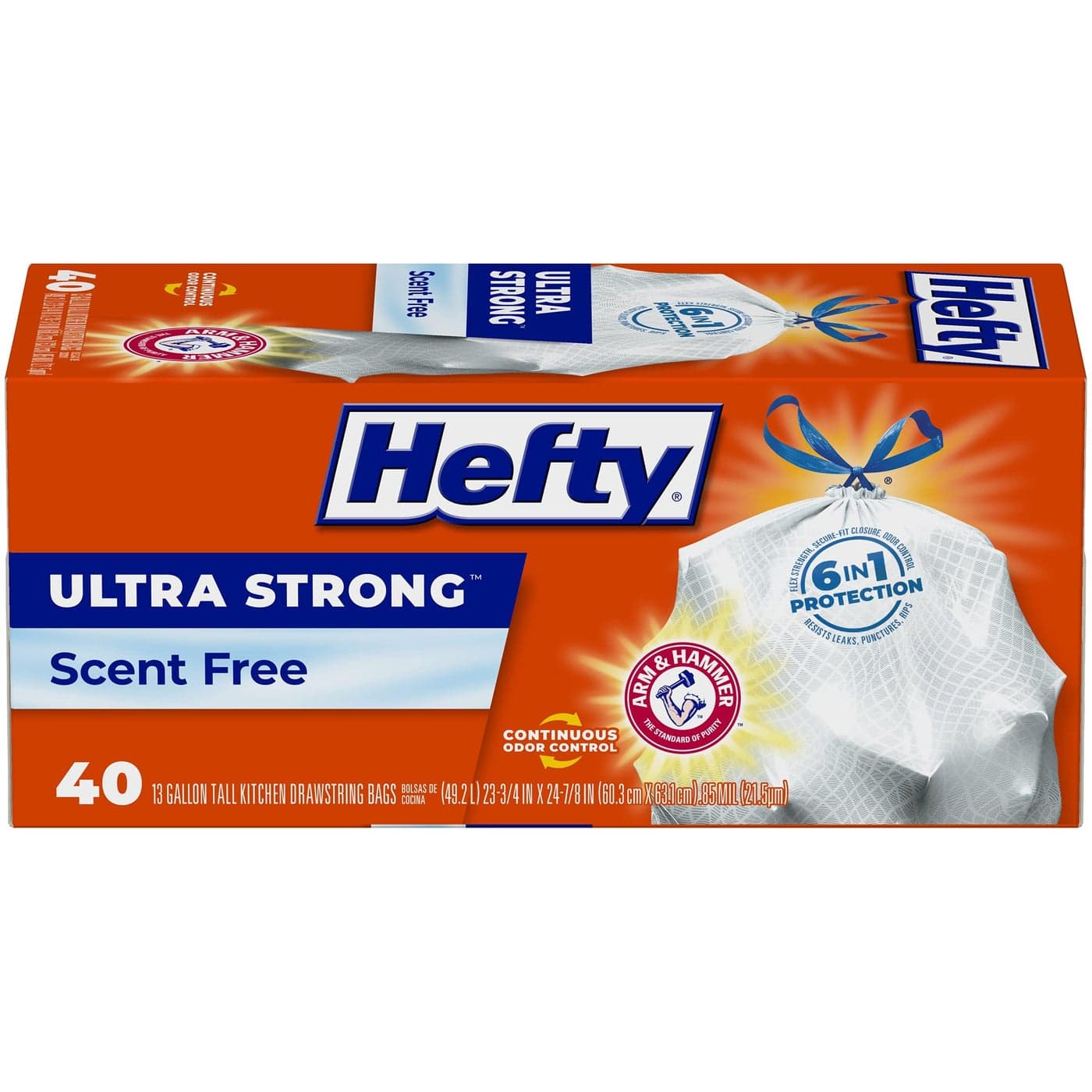 Hefty Ultra Strong 13 Gallon Trash Bags Tall Kitchen Trash Bags 13 Gallon Size Drawstring Closure Continuous Odor Control White Unscented 40 Bags