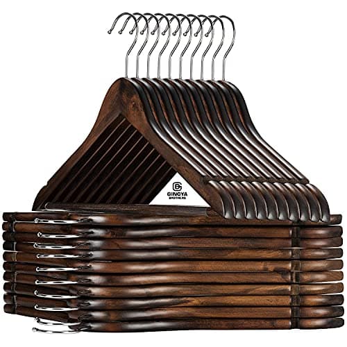 GINOYA BROTHERS Walnut Wooden Suit Hangers 6 Pack with Non Slip Pants Bar - Smooth Finish Solid Wood Coat Hanger for Camisole, Jacket, Pant, Dress Clothes Hangers